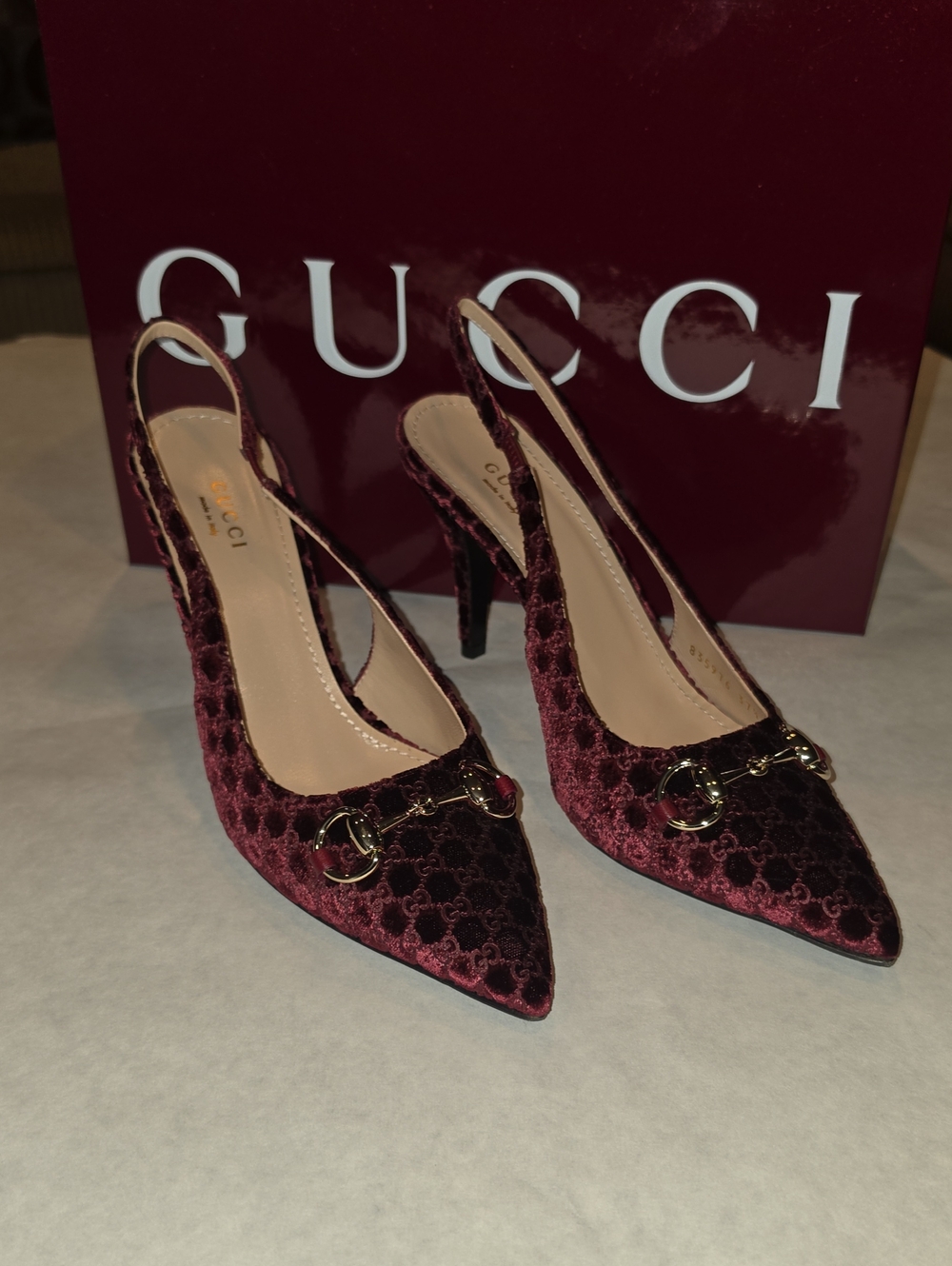 Gucci Burgundy Velvet Horsebit Slingback Pumps